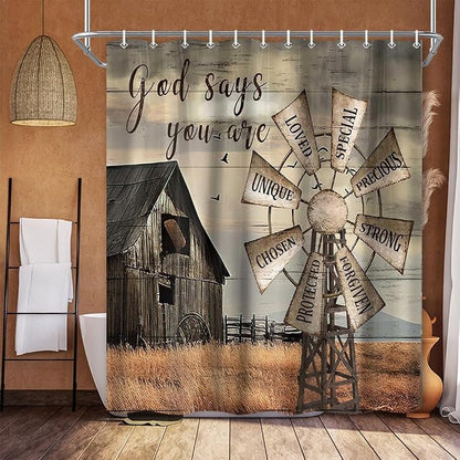 Western Barn Windmill Shower Curtain Sets for Bathroom,Rustic Inspirational Quotes Country Vintage Shower Curtains, Waterproof Farmhouse Bathroom Bathbub Decor Curtains with Hooks 60X70IN