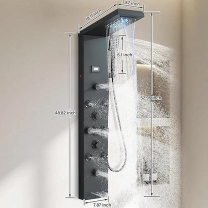 FUZ Shower Panel Tower System, Stainless Steel 6 IN 1 Shower Panel System with LED Fancy Rain Shower Head and Handheld, Adujstable Rainfall Massage Body Jets and Tub Spout, Matte Black Shower Tower