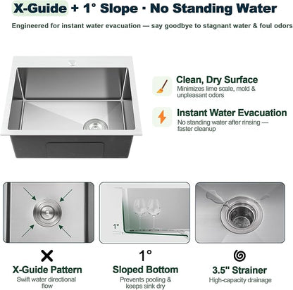 Kitchen Sink, 22 x 18 Inch Drop in Sink, 304 Stainless Steel | Centre-Offset Drain, 9" Deep Single Bowl, Topmount Installation, Brushed(Inclued Drain Strainer & Bottom Grid)