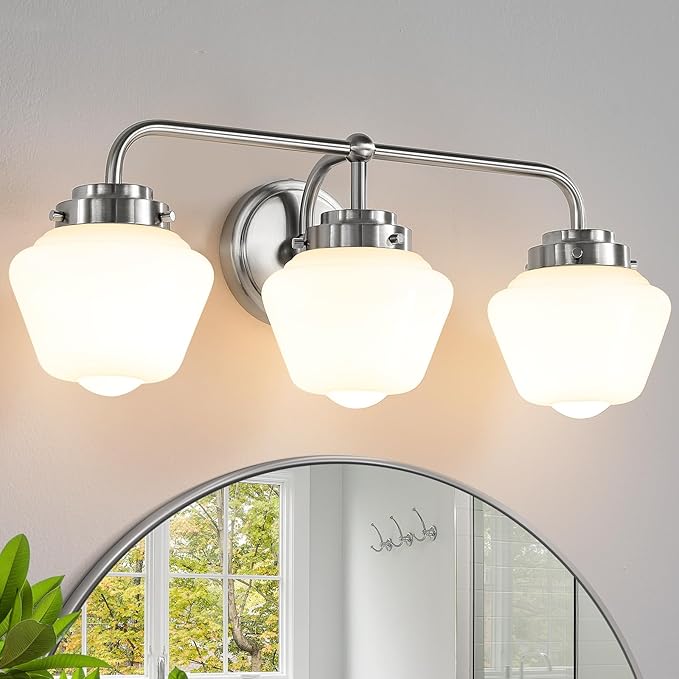 Bathroom Vanity Light Fixtures: 3-Lights Bathroom Lighting Fixtures Over Mirror, Brushed Nickel Vintage Wall Lights with Milky White Frosted Glass Shade for Bath Bedroom