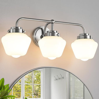 Bathroom Vanity Light Fixtures: 3-Lights Bathroom Lighting Fixtures Over Mirror, Brushed Nickel Vintage Wall Lights with Milky White Frosted Glass Shade for Bath Bedroom