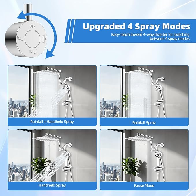 12” Metal Rain Shower Head with Handheld, 10-Mode with Filter, Easy Reach | Chrome, High-Pressure Rainfall Showerhead, Upgraded 4-Way Diverter Pause Mode, Adjustable 16" Extension Arm/71" Hose/Holder