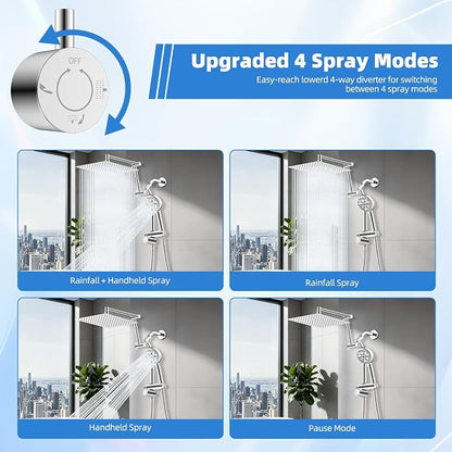 12” Metal Rain Shower Head with Handheld, 10-Mode with Filter, Easy Reach | Chrome, High-Pressure Rainfall Showerhead, Upgraded 4-Way Diverter Pause Mode, Adjustable 16" Extension Arm/71" Hose/Holder