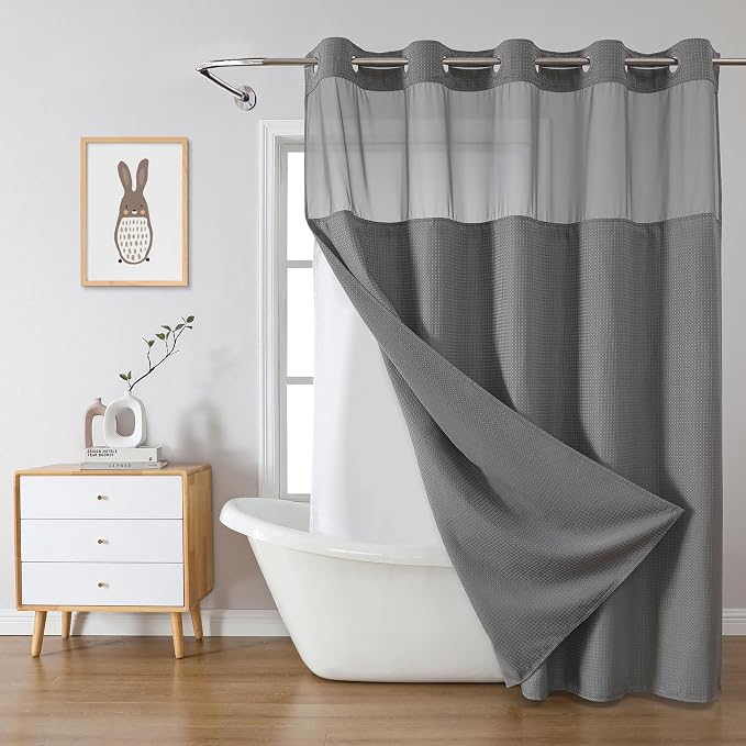 eachope No Hook Long Waffle Shower Curtain with Snap-in Liner,71x92 in,Grey | 230 GSM waffle weave fabric, waterproof liner set with 2 bottom magnets, mesh top window, washable, for bathroom or hotel use