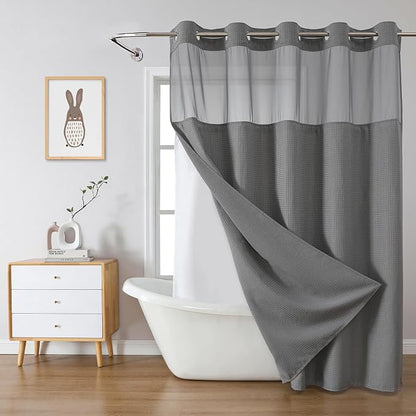 eachope No Hook Waffle Shower Curtain with Snap-in Liner, 71x82 Inch, Grey | 230 GSM waffle weave fabric, waterproof liner set with 2 bottom magnets, mesh top window, washable, for bathroom or hotel use