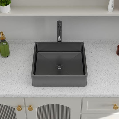 Logmey 15“ Black Shallow Bathroom Vessel Sink 15x15 Square Handmade 16 Gauge Stainless Steel Above Counter 4 Inch Deep RV Bathroom Sink Sinks with Pop up Drain Set