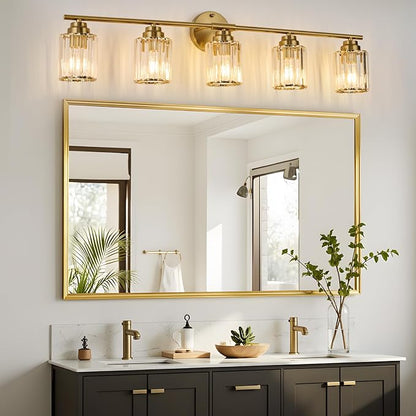 5-Light Crystal Bathroom Light Fixtures, Modern Gold Vanity Light, 37.4" Vanity Lights with Clear Crystal Shade, E26 Base Wall Sconces Over Mirror for Bathroom, Bedroom, Hallway