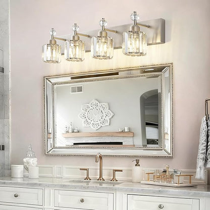 PRESDE 4-Light Brushed Nickel Vanity Light,Crystal Modern Bathroom Light Over Mirror,Wall Lighting Over Mirror Fixture