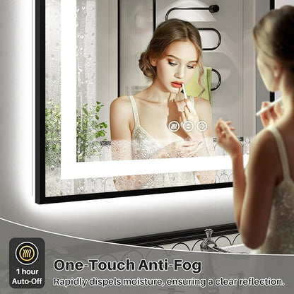 24x32 Inch LED Bathroom Mirror with Black Frame, Backlit & Front Lit, Anti-Fog Lighted Bathroom Vanity Mirror for Wall, Memory Function, Dimmable, HD Tempered Glass, Shatter-Proof