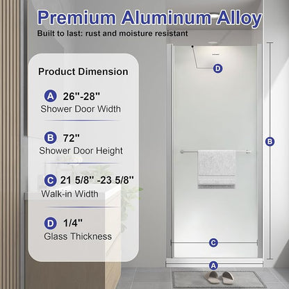 26"-28"W x 72"H Frameless Pivot Frosted Shower Door Brushed Nickel | 1/4"(6mm) SGCC Tempered Glass with Explosion-Proof Film &Nano Coating,Customizable Width