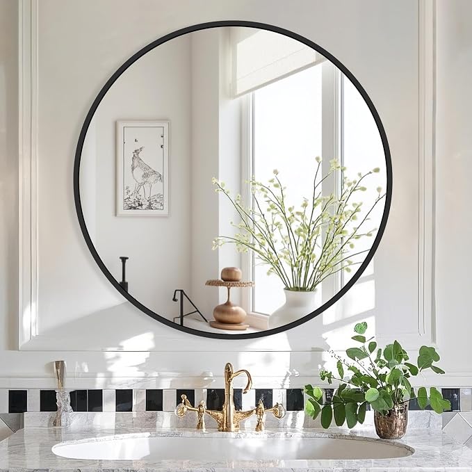 26 Inch Black Round Circle Mirror for Bathroom Wall, Metal Frame | HD tempered glass for clear, distortion-free reflection. Mounting hardware included for vertical or horizontal wall mount.