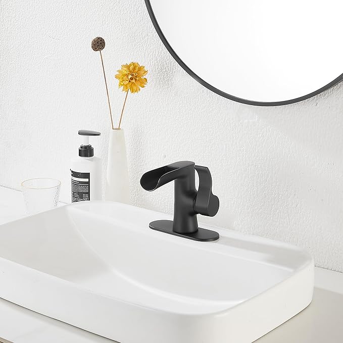 Single Handle Bathroom Faucet Matte Black Waterfall GGStudy Bathroom Vanity Faucet Black Basin Matching Pop Up Drain with Overflow