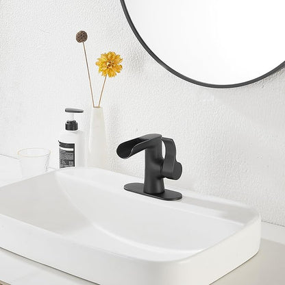 Single Handle Bathroom Faucet Matte Black Waterfall GGStudy Bathroom Vanity Faucet Black Basin Matching Pop Up Drain with Overflow