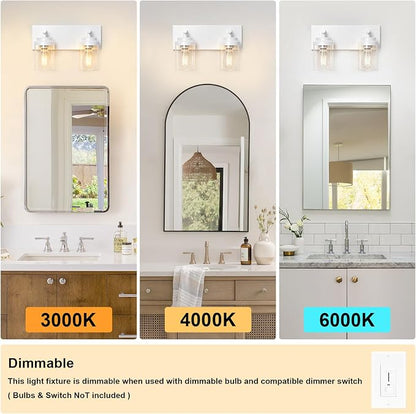 IZORRO Bathroom Vanity Light Fixture, 2-Light 15 Inch White Bathroom Light Fixtures Over Mirror, with Clear Glass Shade, Modern Farmhouse Vanity Lights, Rustic Restroom Lighting Fixtures