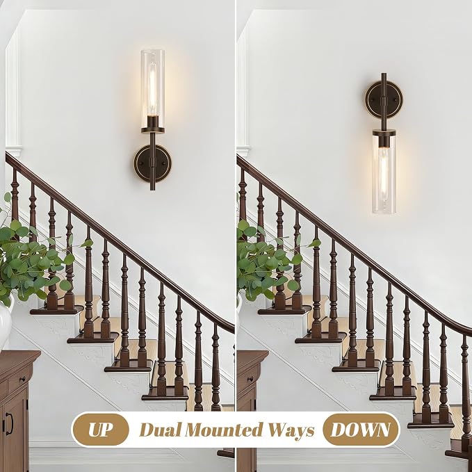 MOKATNG Wall Sconces Set of Two, Oil-Rubbed Bronze Bathroom Sconces with Clear Glass, Hardwired Sconces Wall Decor Set of 2, Modern Wall Light Fixtures for Bathroom Mirror Living Room Bedroom Hallway