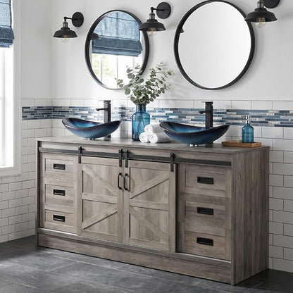 60" Barn Door Bathroom Vanity with 6 Drawers and Two Doors, Farmhouse Style Standing Pedestal Cabinet with Two Blue Boat Glass Vessel Sinks