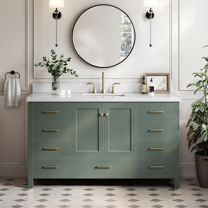 ARIEL Cambridge 60-inch Bathroom Vanity with Sink,Solid Wood, 1.5-inch Italian Carrara Marble Countertop, Single Rectangular Porcelain Sink, 2 Soft Closing Doors, 9 Dovetail Drawers, Vintage Green