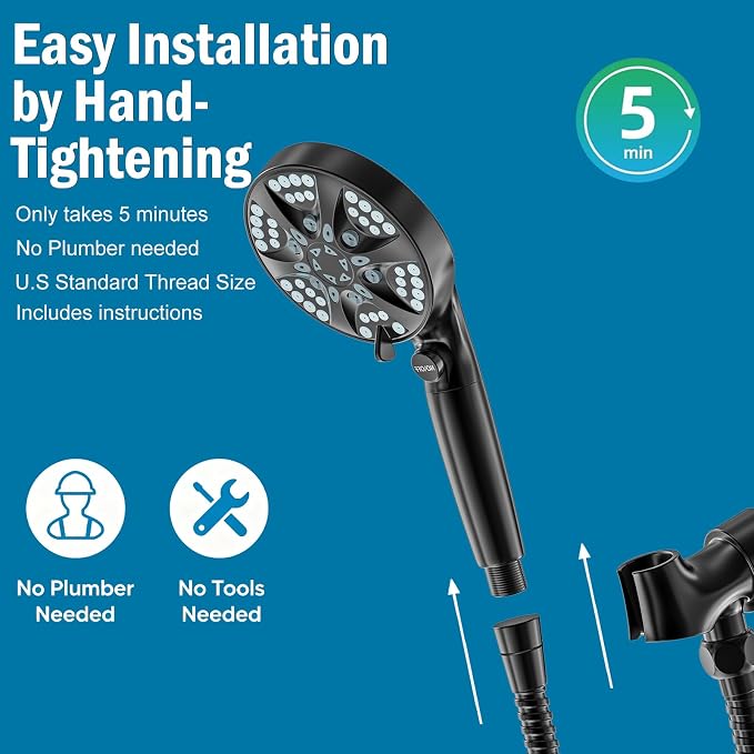 9 Settings Filtered Shower head with Handheld with Power Wash | Hard Water Softener,Remove Chlorine Power Wash for Tub&Tile,ON/OFF Button,6ft Hose&Bracket,Filtered Shower Head, Matte Black