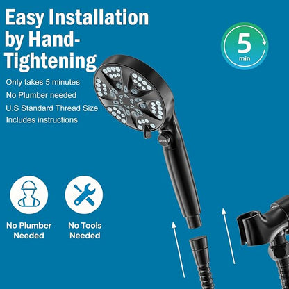 9 Settings Filtered Shower head with Handheld with Power Wash | Hard Water Softener,Remove Chlorine Power Wash for Tub&Tile,ON/OFF Button,6ft Hose&Bracket,Filtered Shower Head, Matte Black