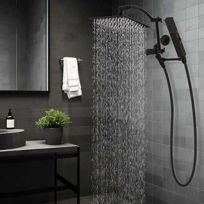 Hibbent All Metal CUPC Certified 8'' Rain Shower Head, Dual Shower Head Combo, High Pressure Handheld 4 Sprays Shower Wand, 16'' Adjustable Extension Arm, 71'' Hose, Shower Holder, Oil Rubbed Bronze