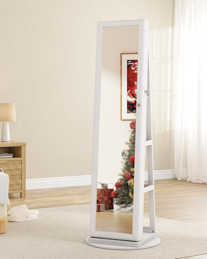 LVSOMT LED Jewelry Cabinet Standing, 360° Swivel Jewelry Armoire, White | Full Length Mirror with Storage, 3 Rear Shelves, Internal Mirror, 3 Color Lights, Lockable for Bedroom, Women Girls Gift