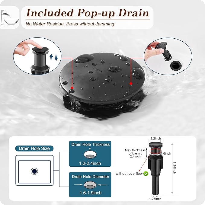 Vessel Sink Faucet Black, 12 Inch Waterfall Tall Bathroom Faucet One Hole with Pop-Up Drain & Pre-Installed Hoses, Single Handle for Bathroom Sink Bowl Deck Mount, Modern, Brass Material