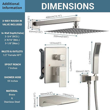 DASAN Tub Shower Faucets Sets Complete Brushed Nickel Bathtub Shower System with Waterfall Tub Spout, Bathtub Faucet Set Tub and Shower Faucet Combo Trim Kit with Valve, DA-SS04BN-S10W
