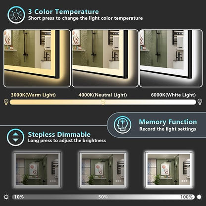 48x30 Black LED Bathroom Mirror, Backlit & Front Lit Lighted Mirror | Metal Framed Anti-Fog Vanity Mirror with Lights, 3 Color Dimmable, Memory, Tempered Glass, CRI95, IP54, Horizontal/Vertical