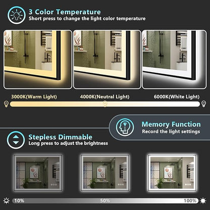 44x36 Black Framed LED Bathroom Mirror with Lights, Backlit and Front Lit Anti-Fog Lighted Vanity Mirrors for Bathroom Wall, Dimmable, 3 Colors, Memory, HD Tempered Glass, Horizontal/Vertical