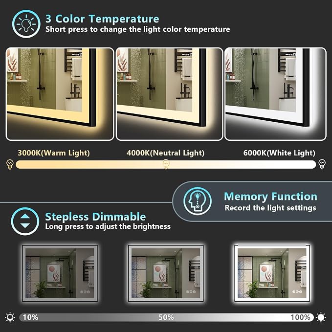 48x40 Black LED Bathroom Mirror, Backlit & Front Lit Lighted Mirror | Metal Framed Anti-Fog Vanity Mirror with Lights, 3 Color Dimmable, Memory, Tempered Glass, CRI95, IP54, Horizontal/Vertical
