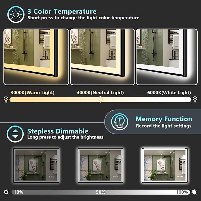 40x32 Black Framed LED Bathroom Mirror with Lights, Backlit and Front Lit Anti-Fog Lighted Vanity Mirrors for Bathroom Wall, Dimmable, 3 Colors, Memory, HD Tempered Glass, Horizontal/Vertical