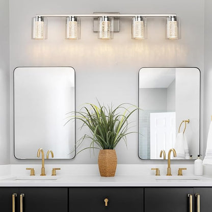 SineRise 5-Light Brushed Nickel Vanity Light with 3 Color Modes (3000K/4000K/6000K), Eye Protection LED Bathroom Light Fixture, Dimmable Modern Wall Light Over Mirror with Clear Glass Shade