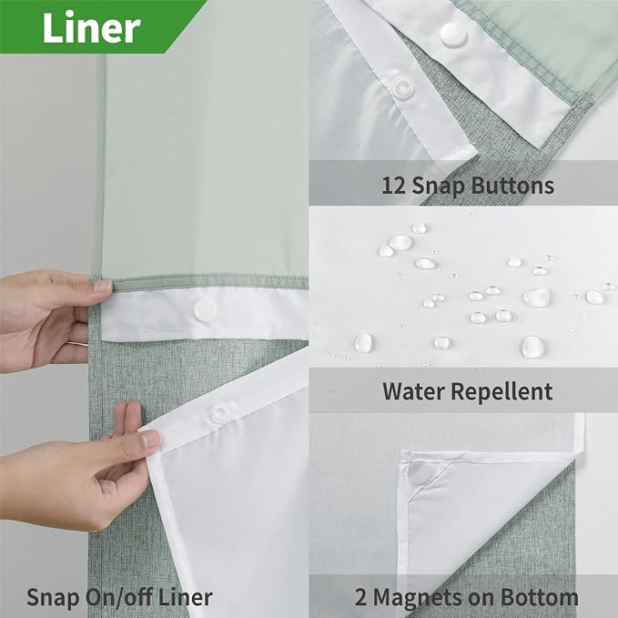 eachope No Hook Fabric Shower Curtain with Snap-in Liner,71x77 Sage Green | Linen Texture,230GSM Thick Fabric,Hotel Luxury Decor,Mesh Window,Bottom magnetic ,Waterproof & Machine Washable,for Bathroom