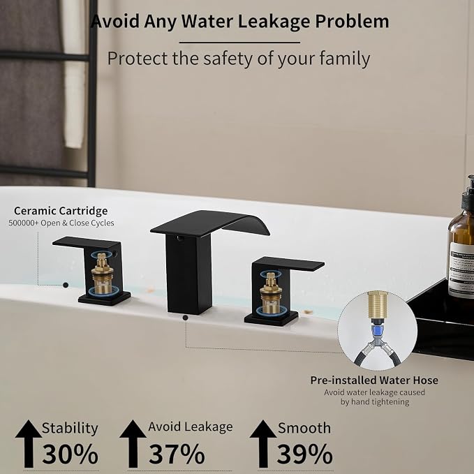 RUMOSE Roman Bathtub Faucet Set Waterfall Tub Faucets Matte Black | High Flow Widespread 6-16 Inch 3 Holes Deck Mount Tub Filler 2 Handles Bathtub Filler Soaking Bath Faucet