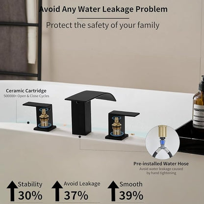 RUMOSE Roman Bathtub Faucet Set Waterfall Tub Faucets Matte Black | High Flow Widespread 6-16 Inch 3 Holes Deck Mount Tub Filler 2 Handles Bathtub Filler Soaking Bath Faucet
