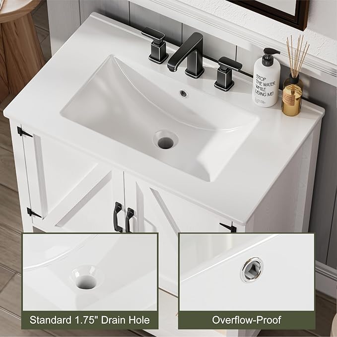 30" Bathroom Vanity with Sink, Modern Bathroom Cabinet with LED Light, Bathroom Vanity Set, Double Soft Closing Cabinet Door with Organizer, White