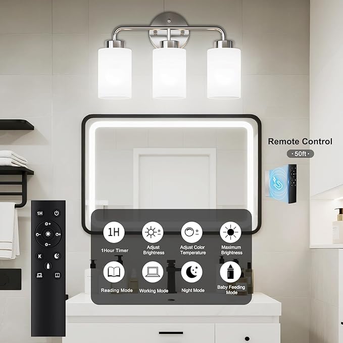 SUNMORY Bathroom Light Fixtures with 3 Stepless Dimmable Bulbs and Remote, 3-Light Modern Vanity Lights with Frosted Glass Shades, Bathroom Wall Lamp for Over Mirror Kitchen Living Room Hallway Porch