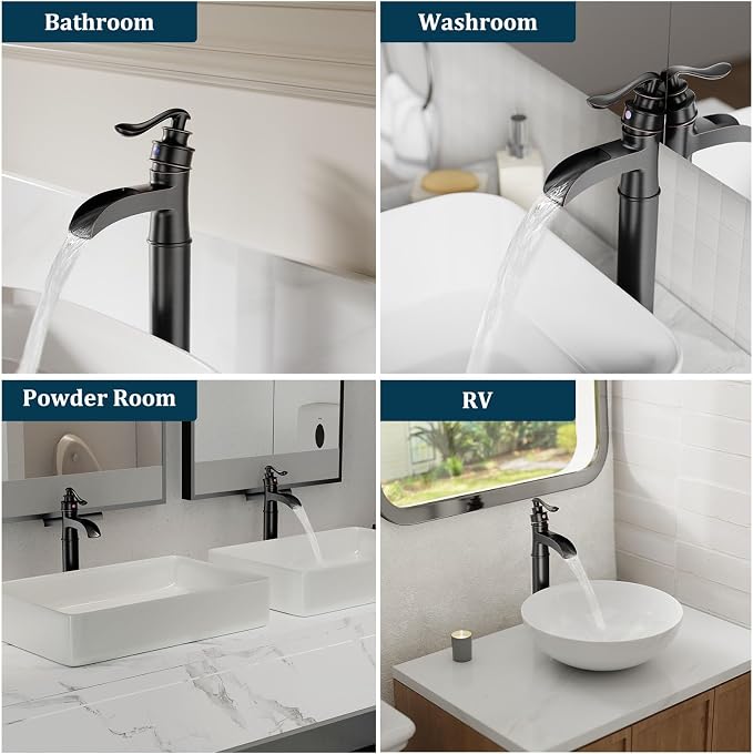 Bathroom Vessel Sink Faucet Waterfall Single Handle Single Hole | Oil Rubbed Bronze,Brass,Pop Up Drain without Overflow,Supply Line,Easy to Clean,Easy Installation,Rust Resistant,Minimalist