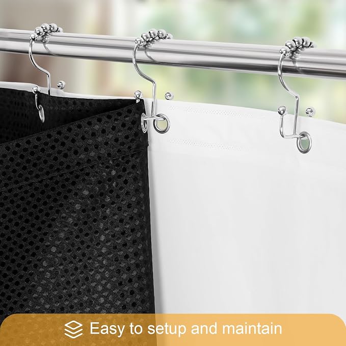 3 in 1 Black Shower Curtain with PEVA Liner, 12 Hooks, 72x72 | Luxury Weighted Fabric Shower Curtain Set, 12 Stainless Steel Double-Sided Hooks, Water Repellent, Bathroom Decor
