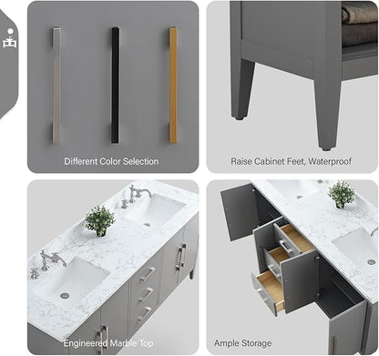 Vanity Art 72 inch Bathroom Vanity with Double Sink & Ceramic Top, Vanity Cabinet with Soft-Closing Doors, Drawers, Solid Wood Frame, Cashmere Gray, Matte Black Handware
