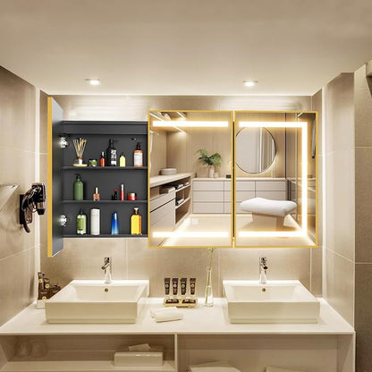 APRILSOUL 48x32 Inch Lighted Bathroom Medicine Cabinet with Mirror, Gold Recessed or Surface Mount Medicine Cabinet Mirror with Storage and LED Lights, 3 Colors Temperature, Dimmable Light