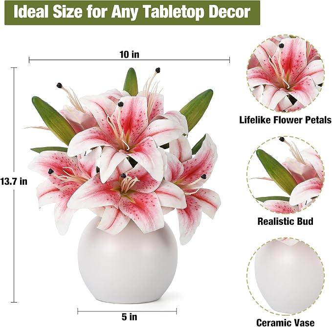 Artificial Lily Flowers with Ceramic Vase, Pink Silk Lily Flower Arrangement, Fake Flowers in Vase Centerpiece, Artificial Floral Arrangement for Table Decor, Shelf, Bathroom, Wedding, Home Decoration