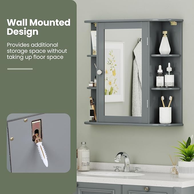 GIANTEX Bathroom Mirror Cabinet (Grey) | Wall Mounted Medicine Cabinet with Mirrored Door & 4 Interior Shelves, 6 Open Shelves, Space-saving Storage Cabinet