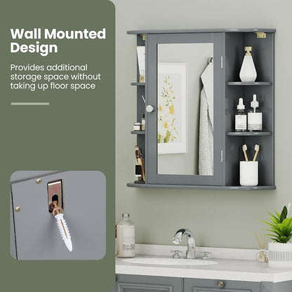 GIANTEX Bathroom Mirror Cabinet (Grey) | Wall Mounted Medicine Cabinet with Mirrored Door & 4 Interior Shelves, 6 Open Shelves, Space-saving Storage Cabinet