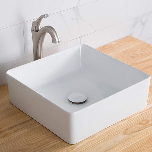 KRAUS Viva™ Square White Porcelain Ceramic Vessel Bathroom Sink with Pop-Up Drain, 15 5/8 in. L x 15 5/8 in. W x 5 1/8 in. H, KCV-202GWH