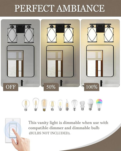 2-Light Black Bathroom Light Fixtures with Milk White Frosted Glass, 13.8" Modern Bathroom Vanity Lighting Fixtures Over Mirror with Metal Cage, Wall Sconce Lights for Bath, E26, CH9176BKW-2W