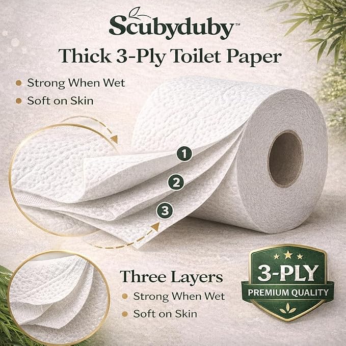 Premium & Soft Bamboo Toilet Paper | PFAS Free | 12 Mega Rolls, 3 ply & 350 Sheets | Non Toxic, Septic Safe, BPA Free | Tree Free Toilet Tissue | Plastic Free Packaging