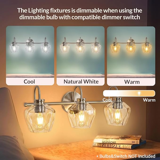 Brushed Nickel Vanity Light, 3 Light Bathroom Light Fixtures with Clear Diamond-Shape Hammered Glass, Silver Vintage Ripple Wall Lights for Hallway, Bedroom, Anti-Rust, E26 Base (No Bulbs)