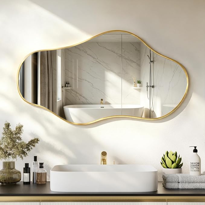 Irregular Wall Mirror, 20"x36" Asymmetrical Mirror with Metal Frame, Decorative Wall Mirror for Entryway Bathroom Living Room Bedroom, Horizontal or Vertical Hanging