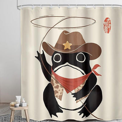 LGhtyro Funny Cowboy Frog Shower Curtain Bathroom Set 71Wx84H Inches Extra Long Western Rodeo Animal Japanese Art Asian Traditional Bath Accessories Black Beige Art Home Decor Fabric 12 Pack Hooks